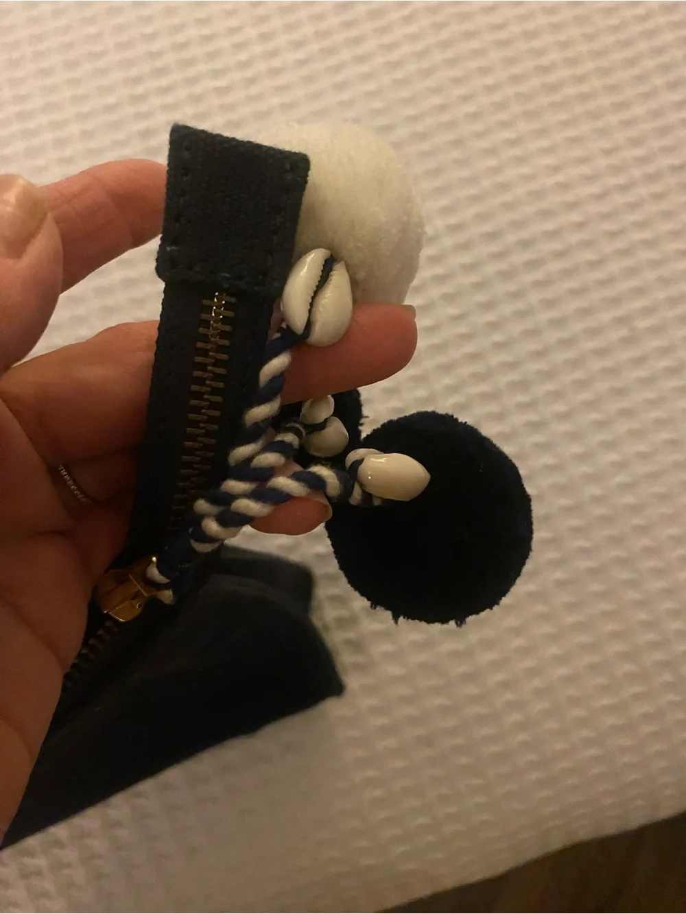 Black canvas Heart Stripe Pouch with Pom Pom Tassels